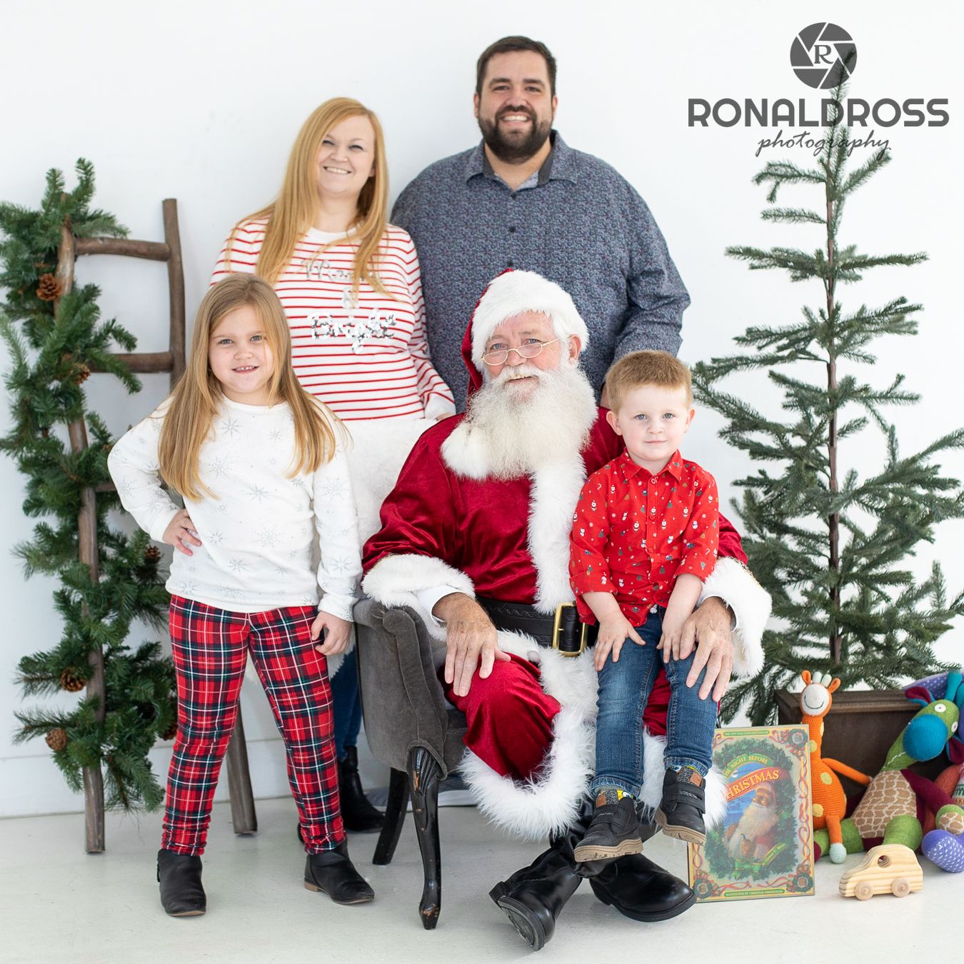 A collection of holiday family portraits with festive decorations and a Christmas tree in the background.