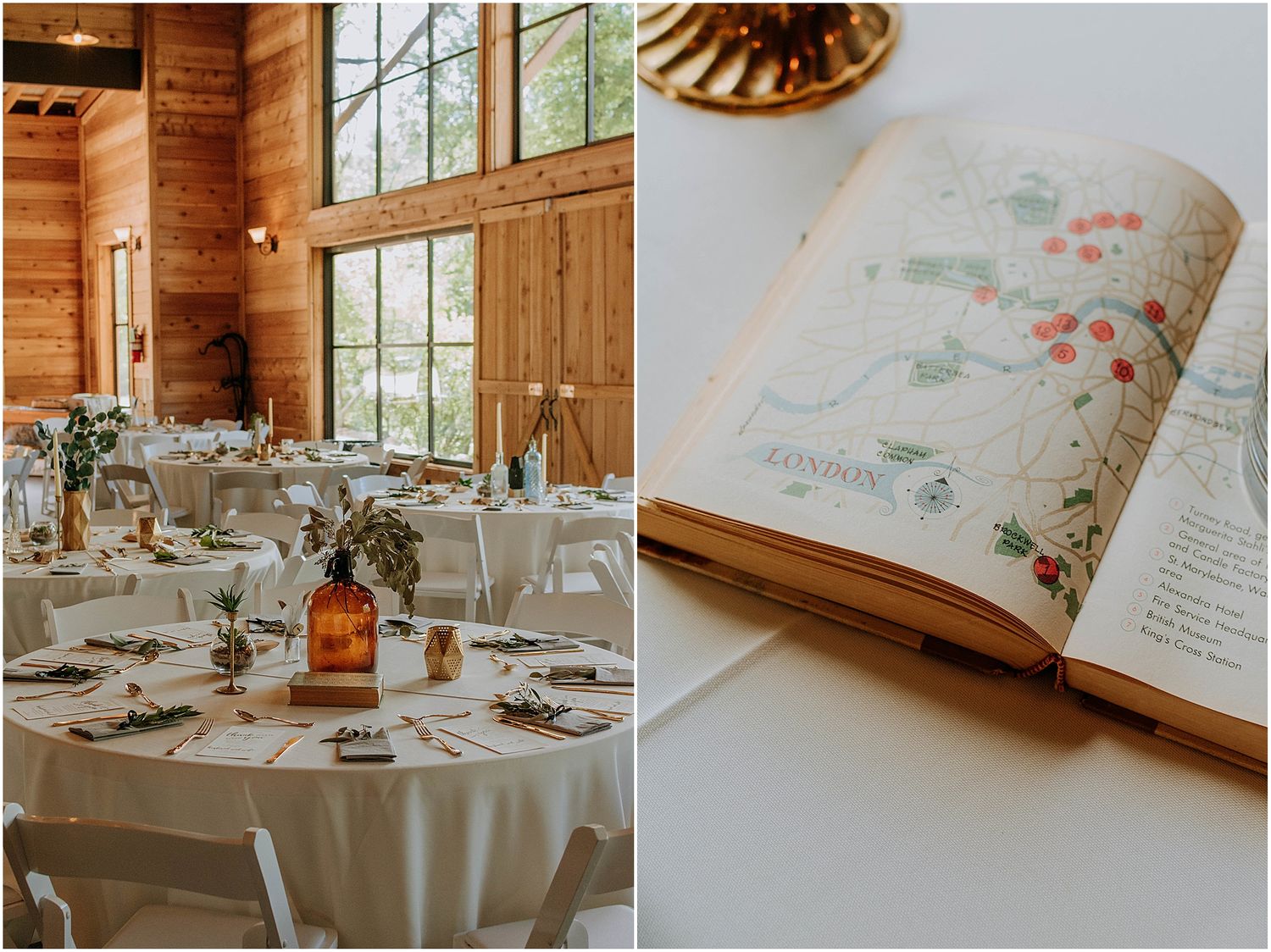 Rustic wedding venue with timber walls and decorative table settings next to an open vintage book.