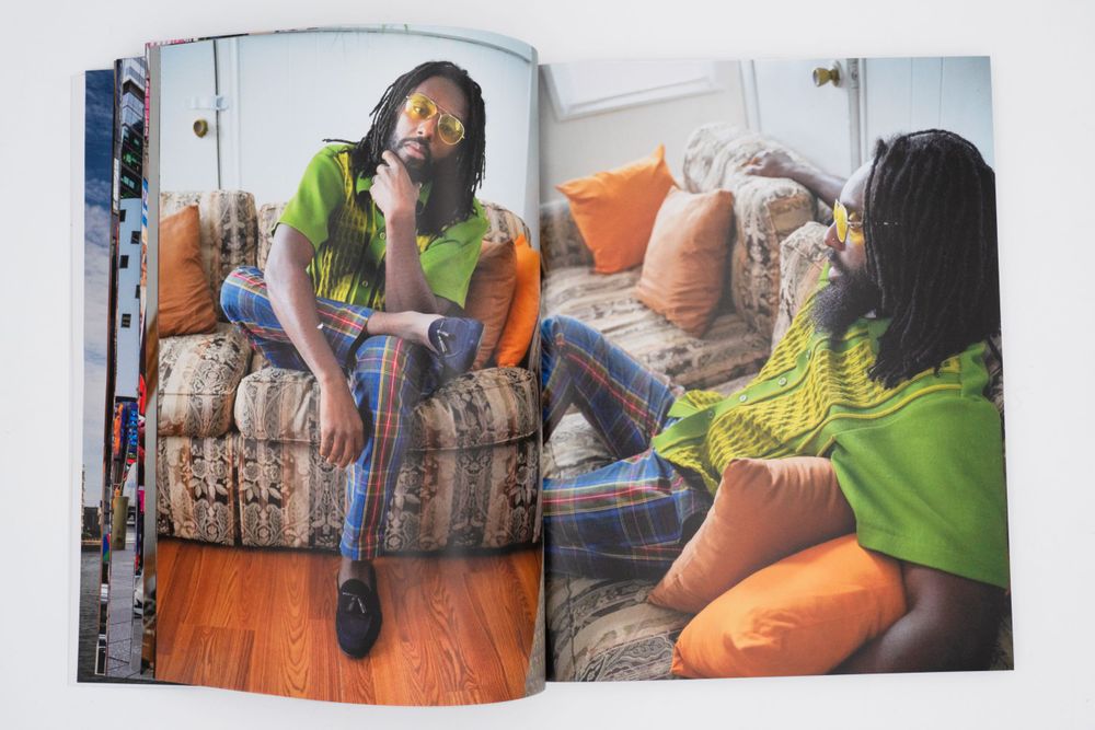 Magazine spread showing casual lifestyle photos of people relaxing on vintage floral couch.