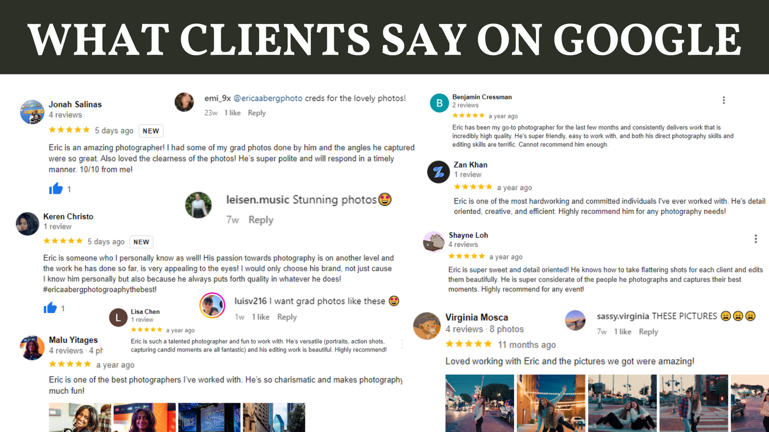Collection of positive Google reviews with profile pictures and star ratings.