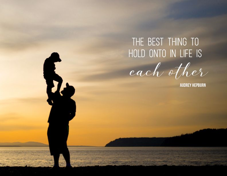 Silhouette of people against a dramatic sunset sky with inspirational text overlay about holding onto each other.