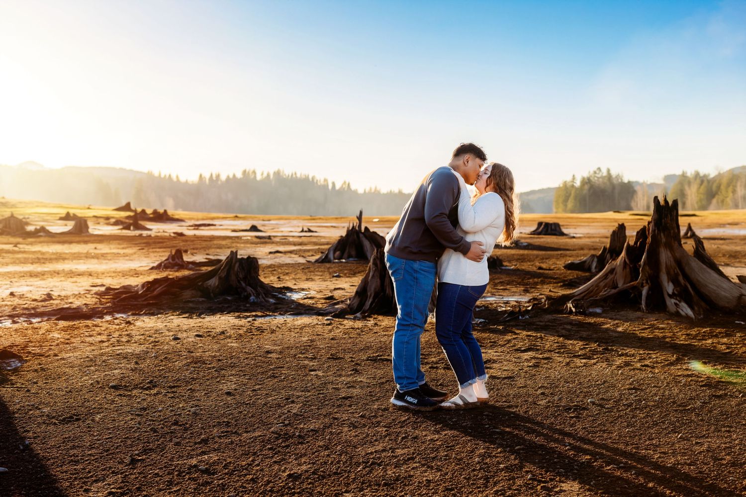 Engagement session at empty Alder Lake in Eatonville Washington