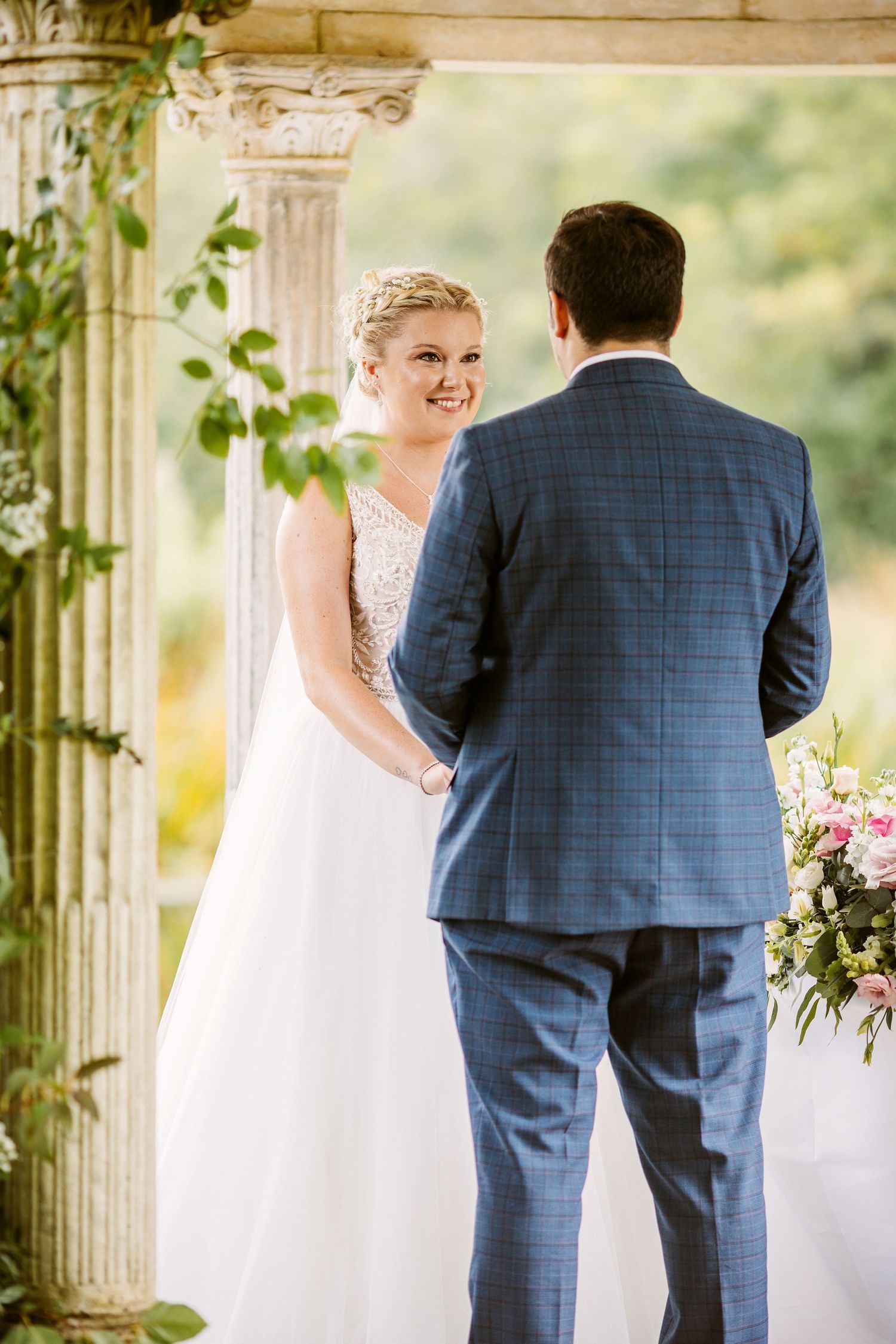Outdoor ceremony at Ardington House under the Island Temple with floral arch display Ardington House Wedding photographer Vicky Lewis