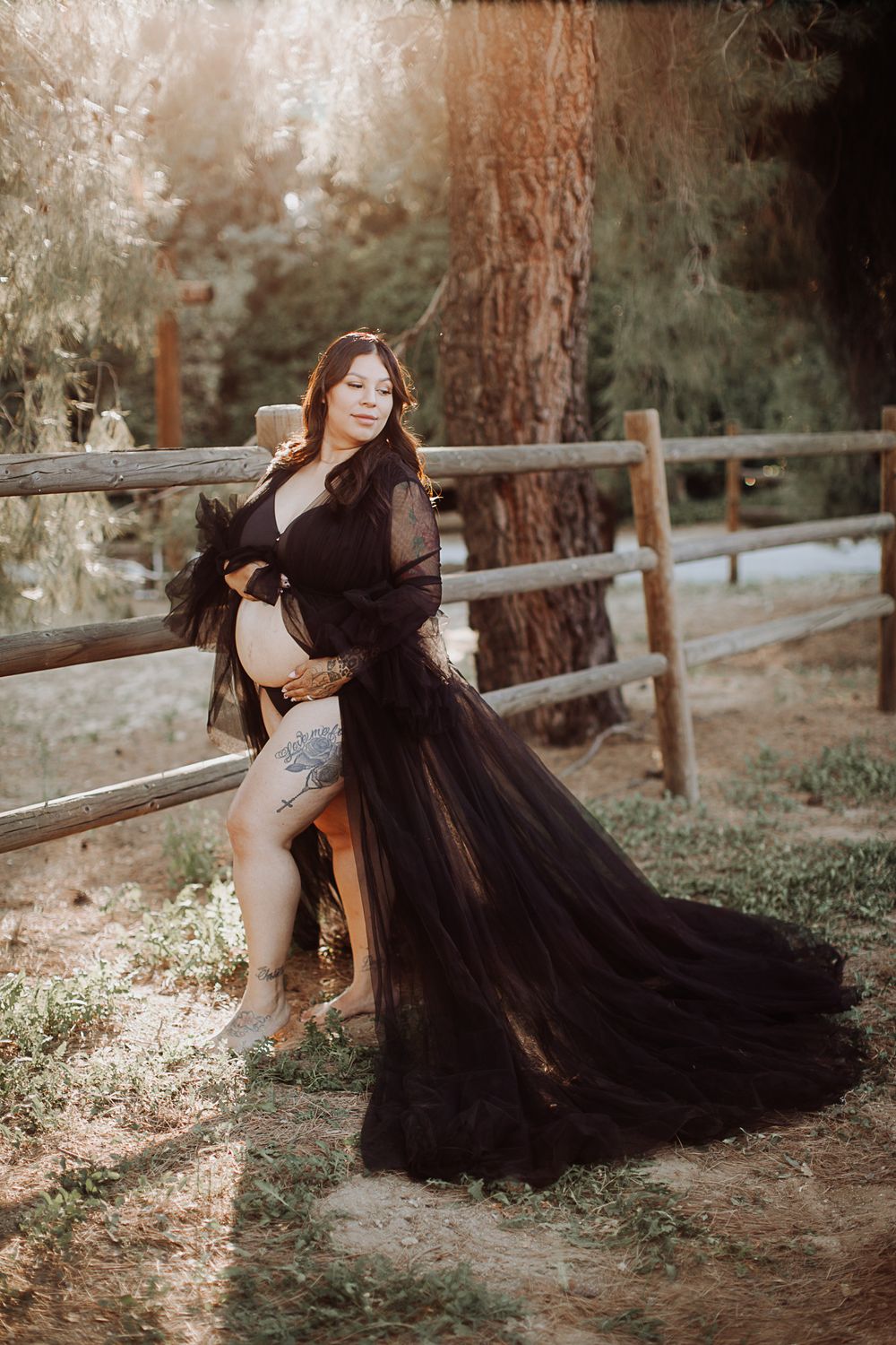 Dramatic maternity session in black tulle dress outdoors.