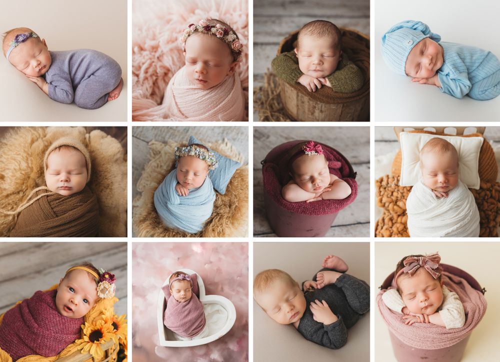 Collage of professional newborn portraits featuring various poses and wrapping styles.