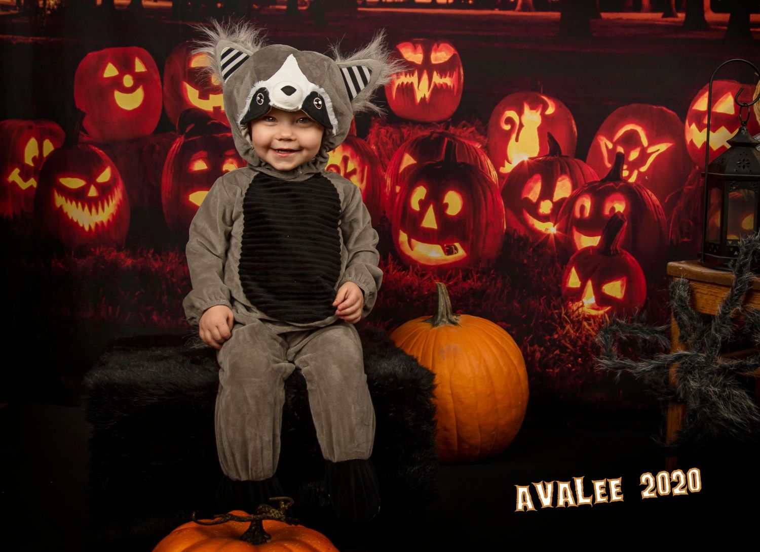 A child wearing a grey animal costume poses with autumn pumpkins and glowing halloween decorations.