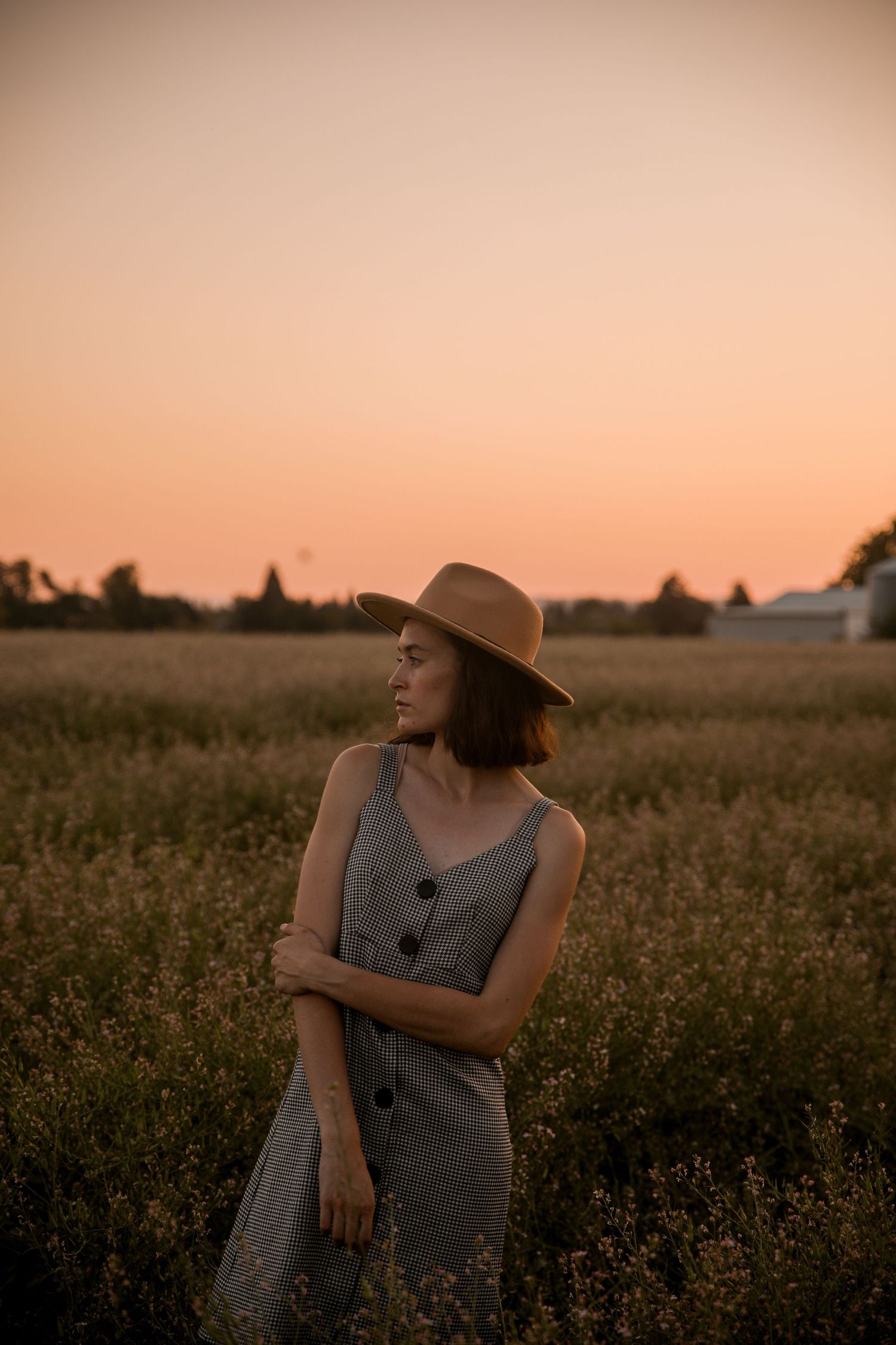 Dreamy sunset portrait in a rural field featuring gingham dress and wide-brimmed hat.