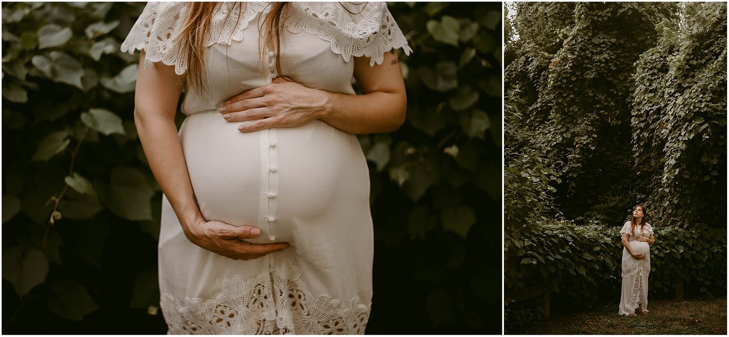 Split photo showing close-up of pregnant belly and full-length maternity portrait in garden.