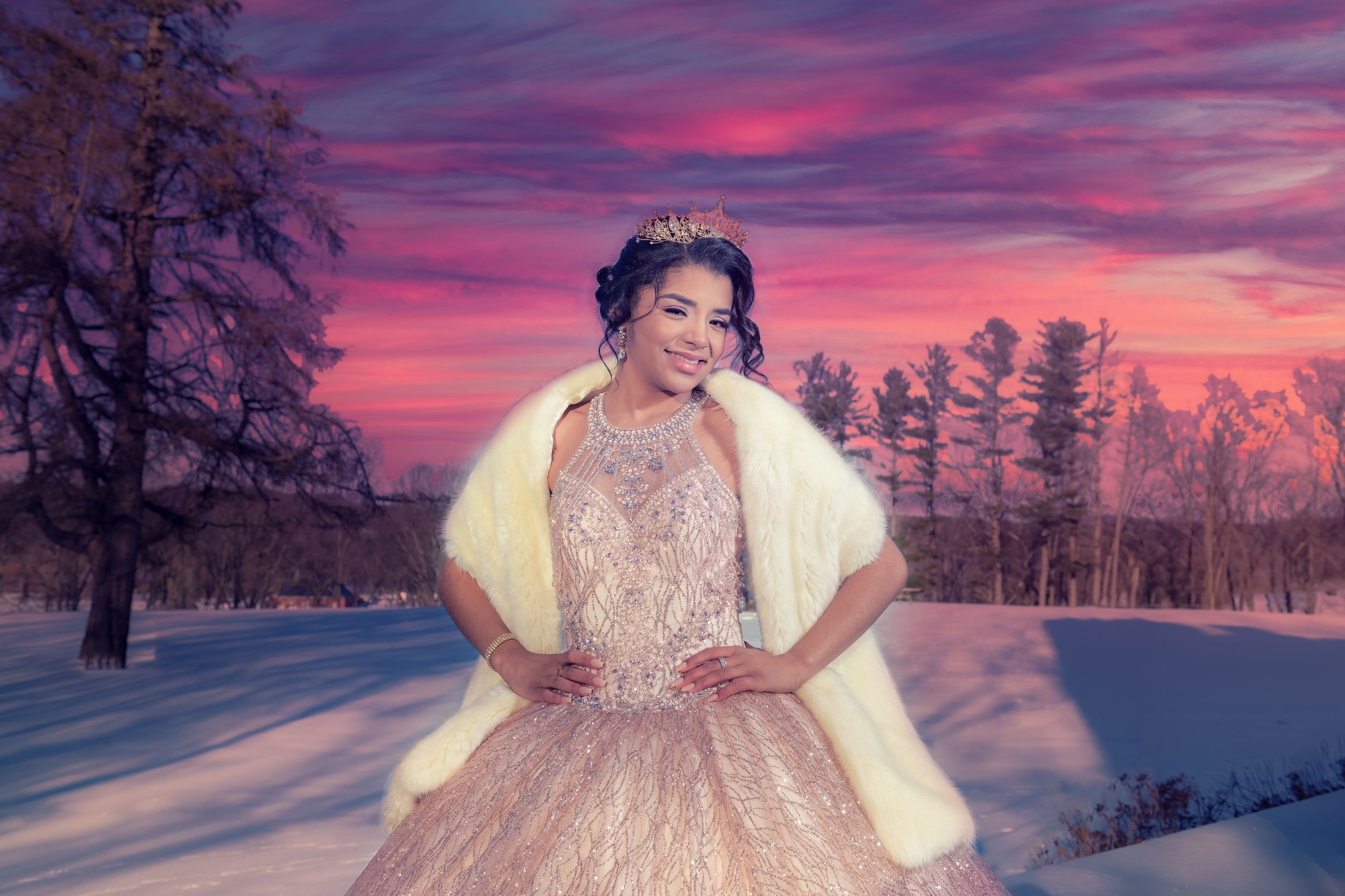 Pink ballgown dress captured against a dramatic purple and pink winter sunset.