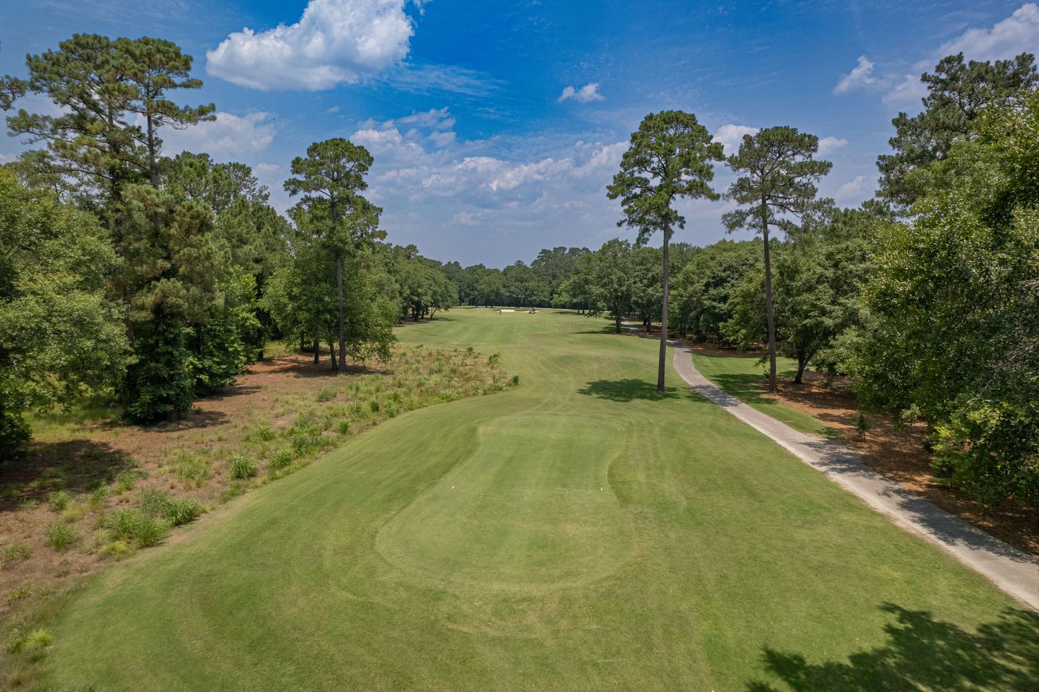 Beautiful golf hole with pristine fairway, pine trees, and white sand bunkers under blue skies.