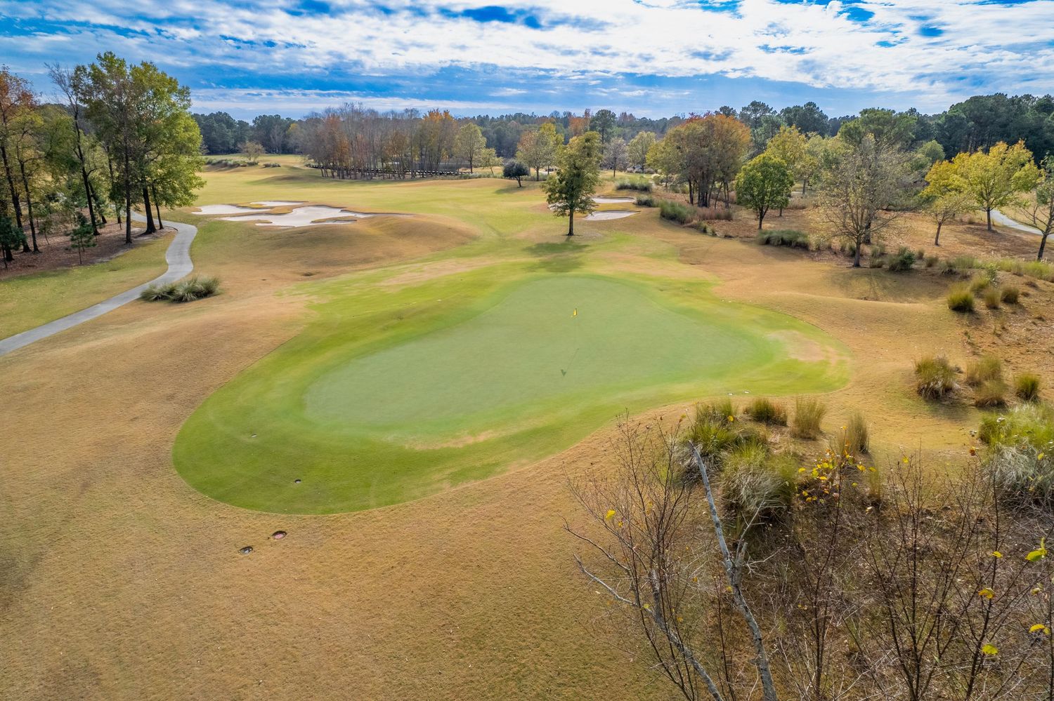 Aerial view of a golf course showing multiple greens and fairways surrounded by trees.