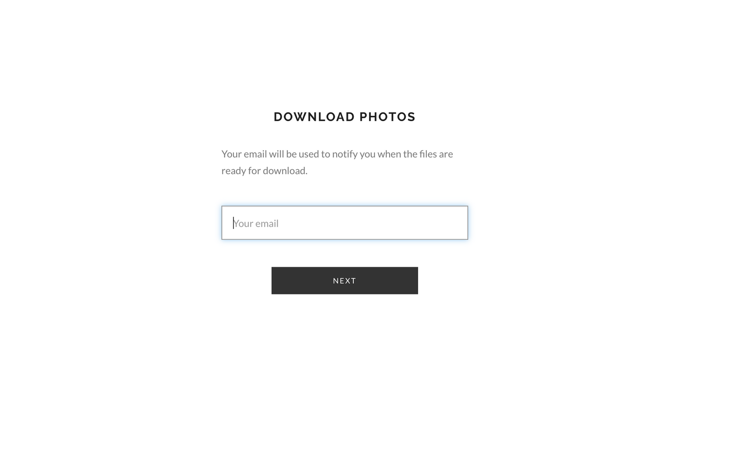 Photo download page with email input field prompting users to enter email for download notification.