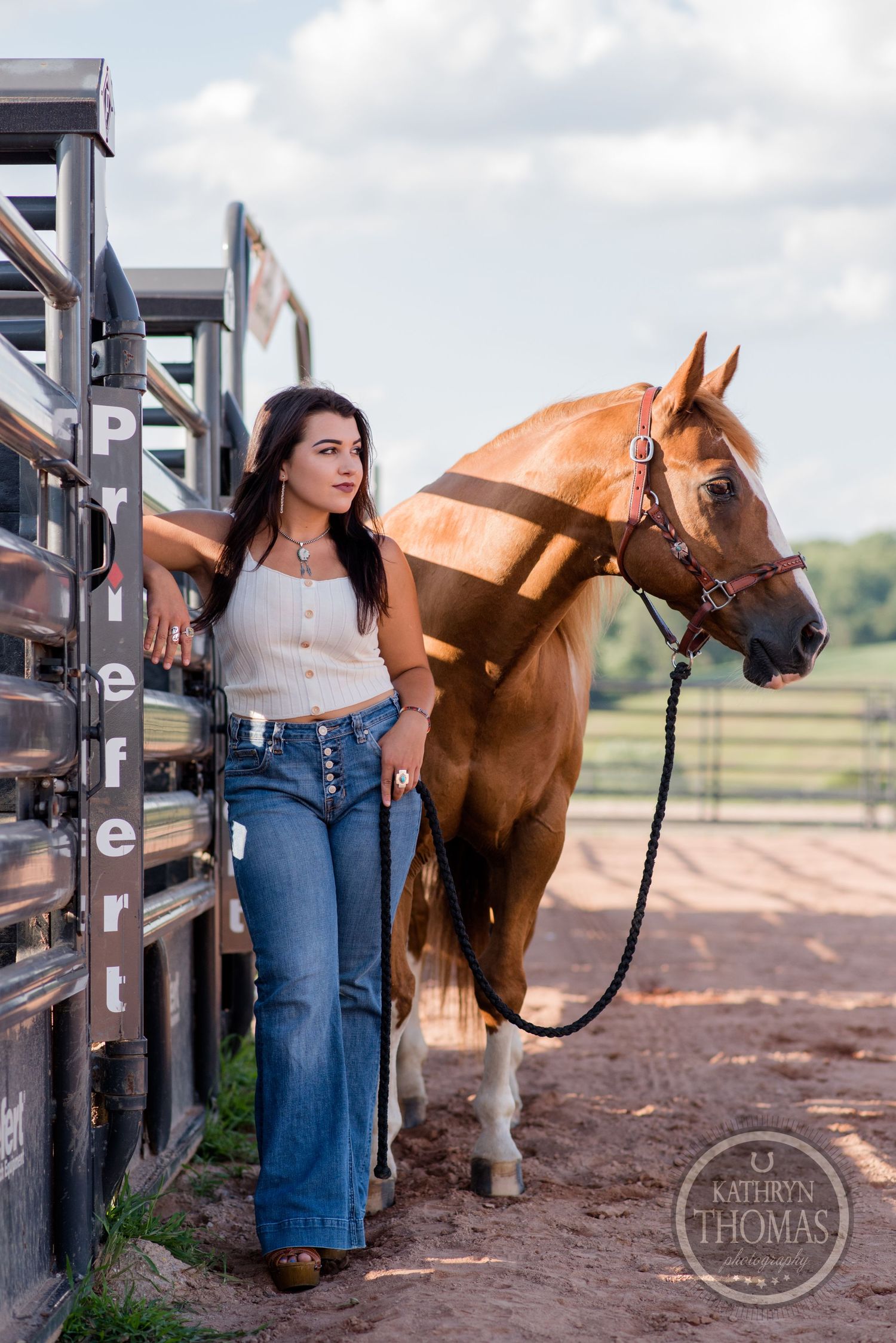 A chestnut horse stands patiently next to metal gates in an outdoor ranch setting.