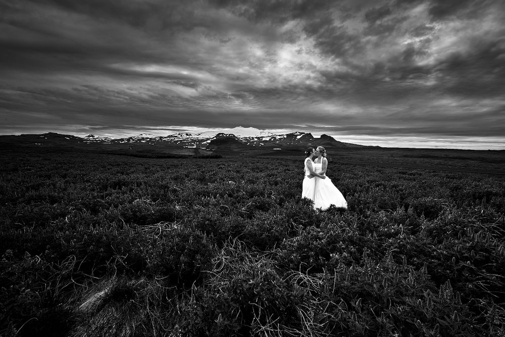 A dramatic black and white wedding photo captures a couple in a vast mountainous landscape.