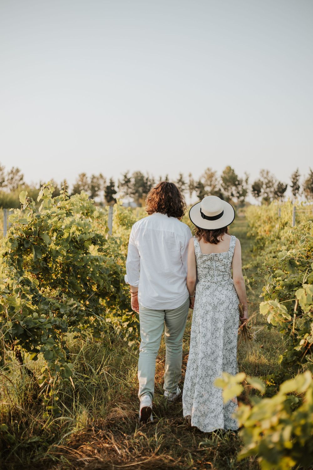 A couple walks hand in hand through lush vineyard rows at golden hour.