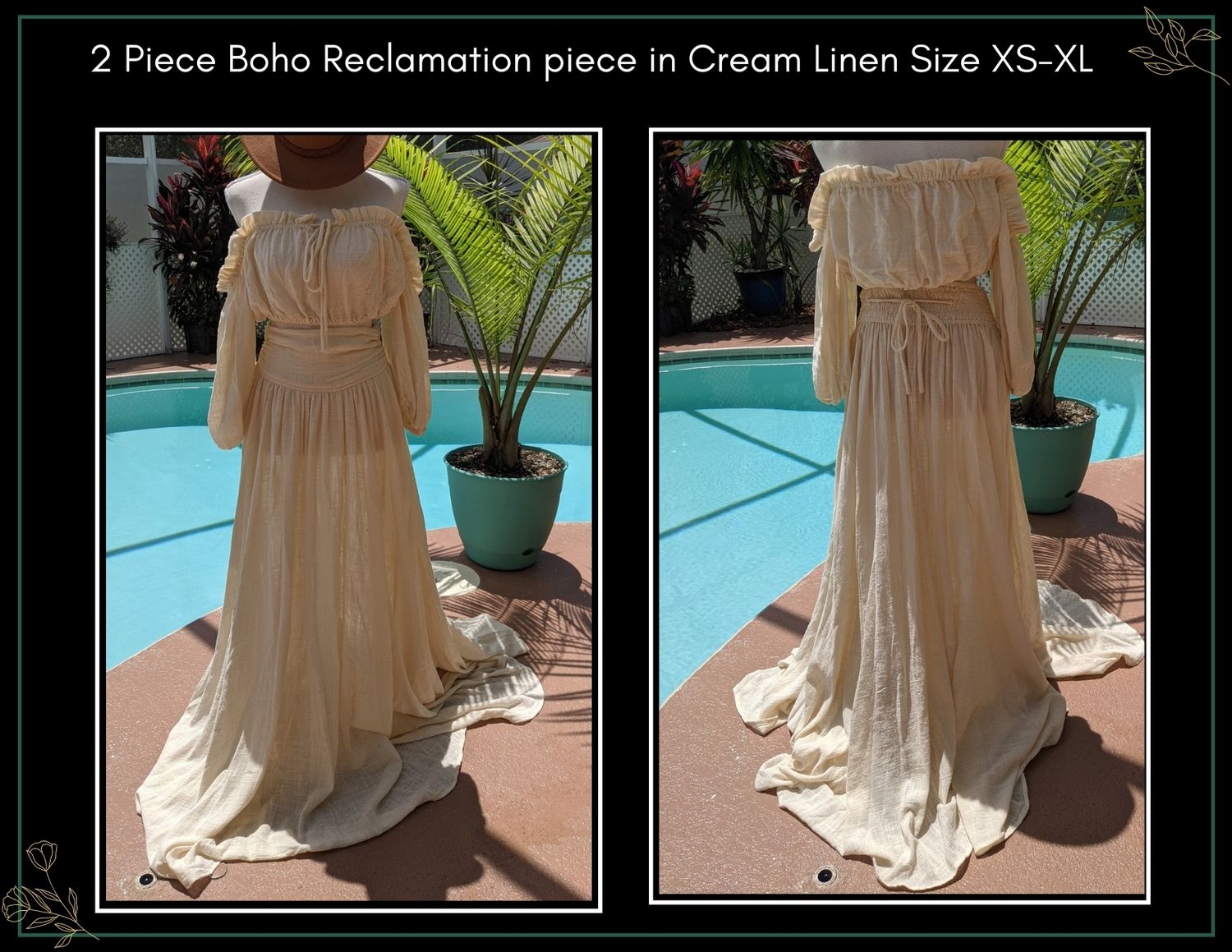Cream linen 2-piece boho maxi dress with long sleeves and flowing skirt, shown from back, sizes XS-XL.