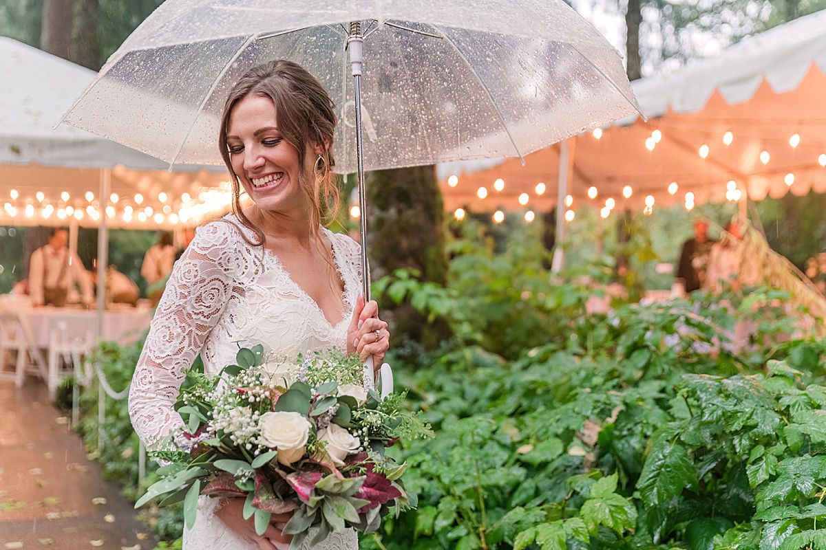 Bridal portrait under umbrella on rainy wedding day
