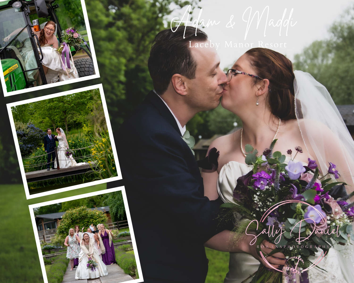 Multi-photo wedding collage featuring outdoor garden ceremony moments.