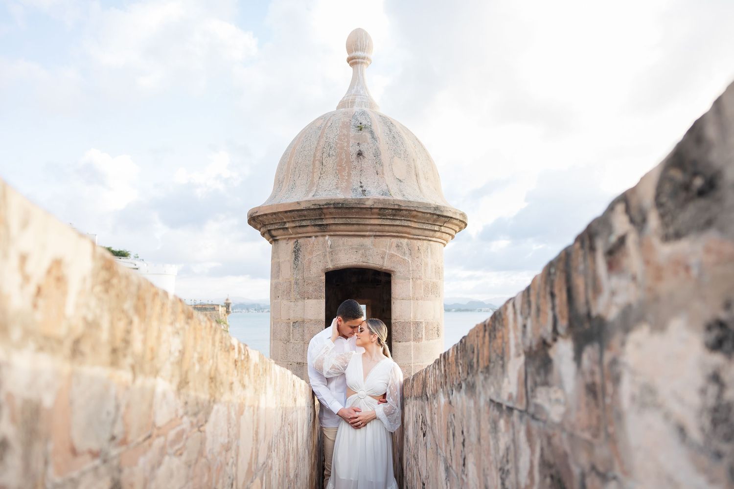 A bride and groom standing in an archway of a historic building.