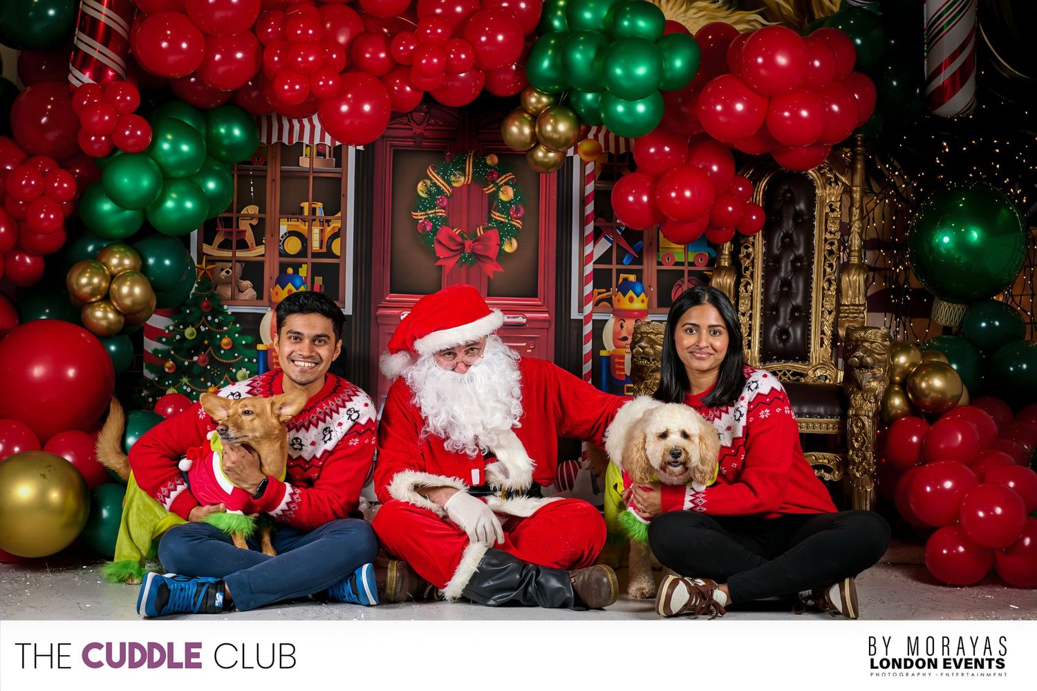 Festive Christmas party scene with red and green balloon decorations and holiday decor.