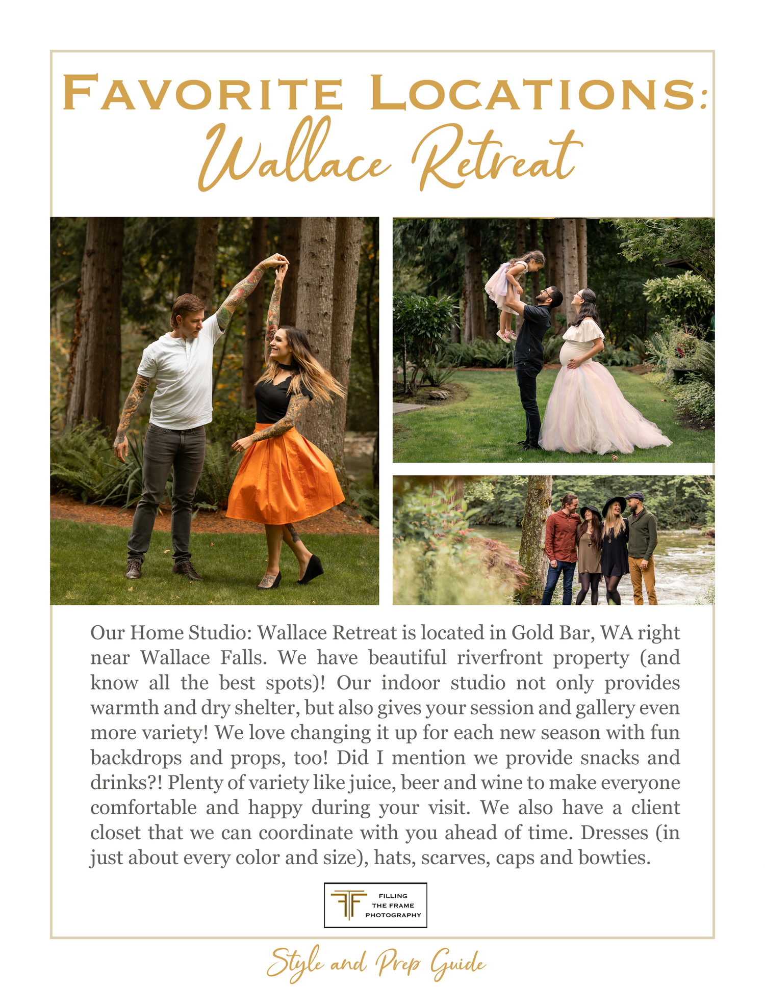 Photography location guide showcasing outdoor portrait settings at Wallace Retreat.