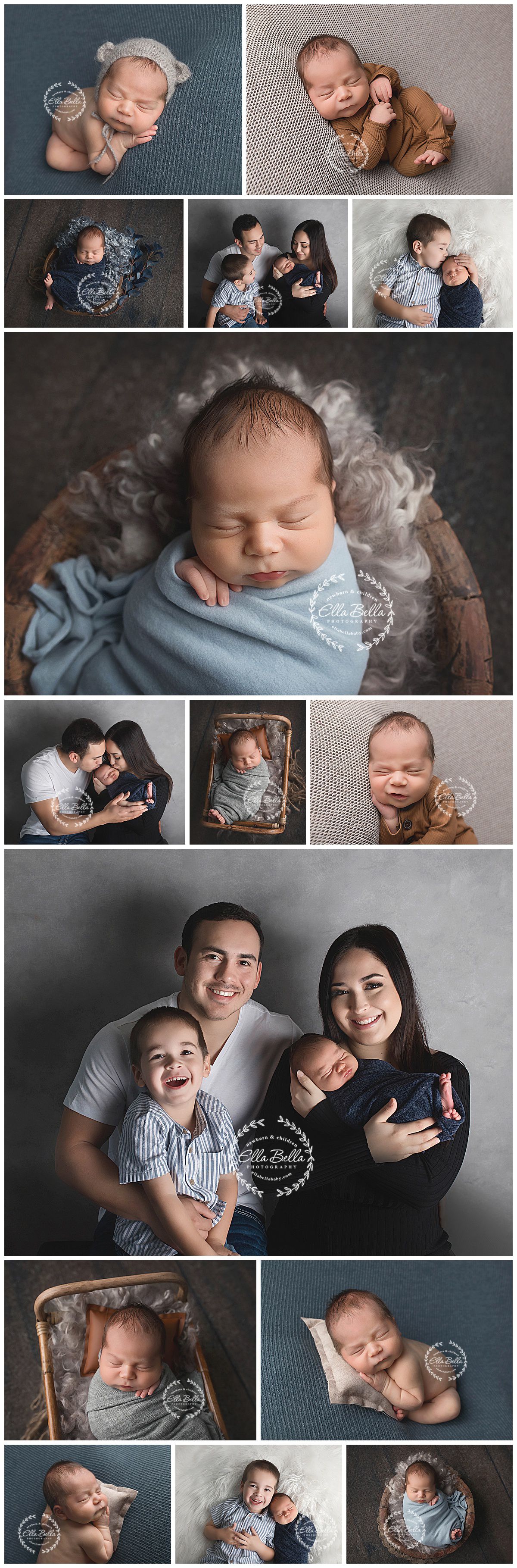 Collection of professional family photos featuring newborn baby portraits and family moments.