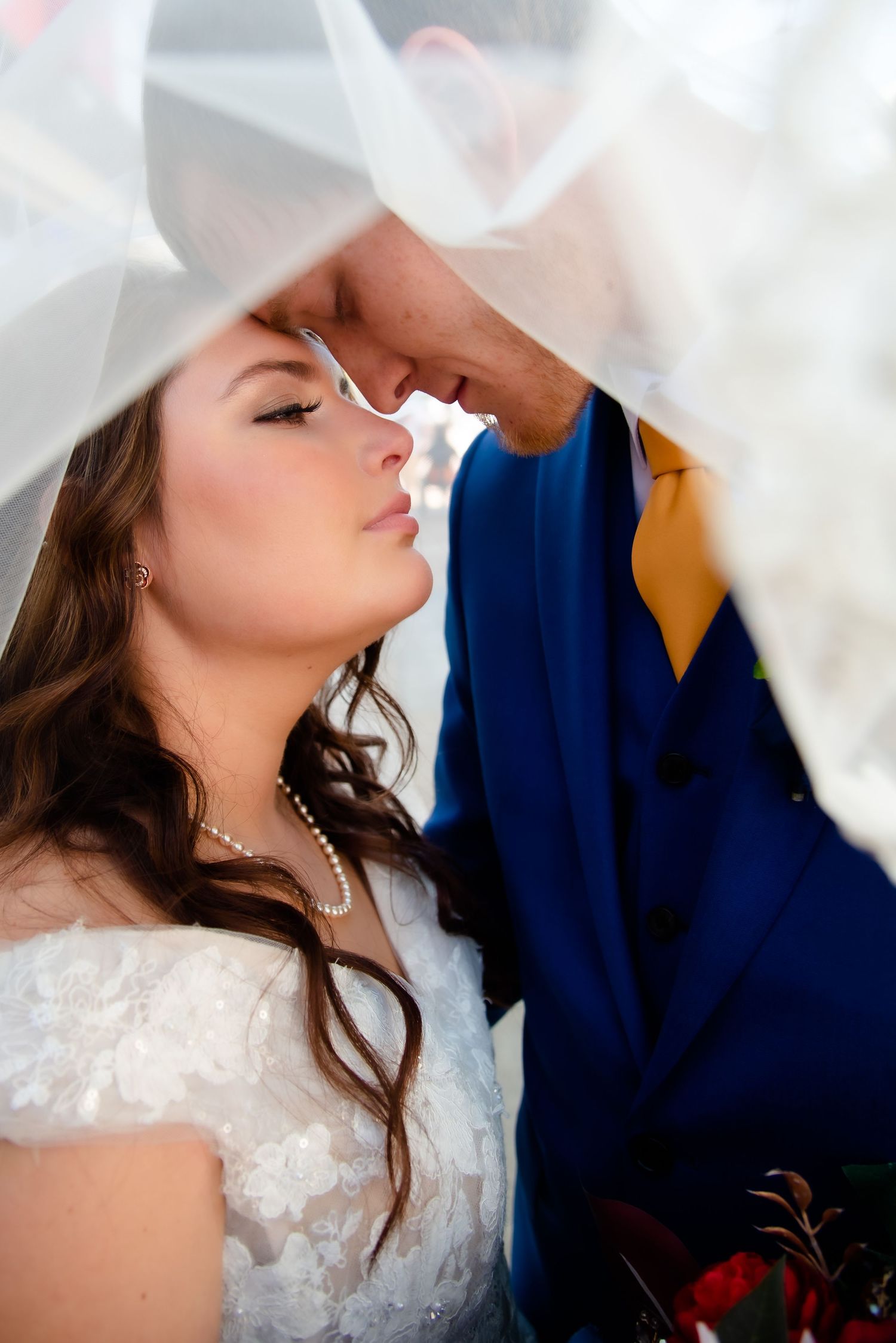 Romantic wedding portrait under veil with bride in lace dress.