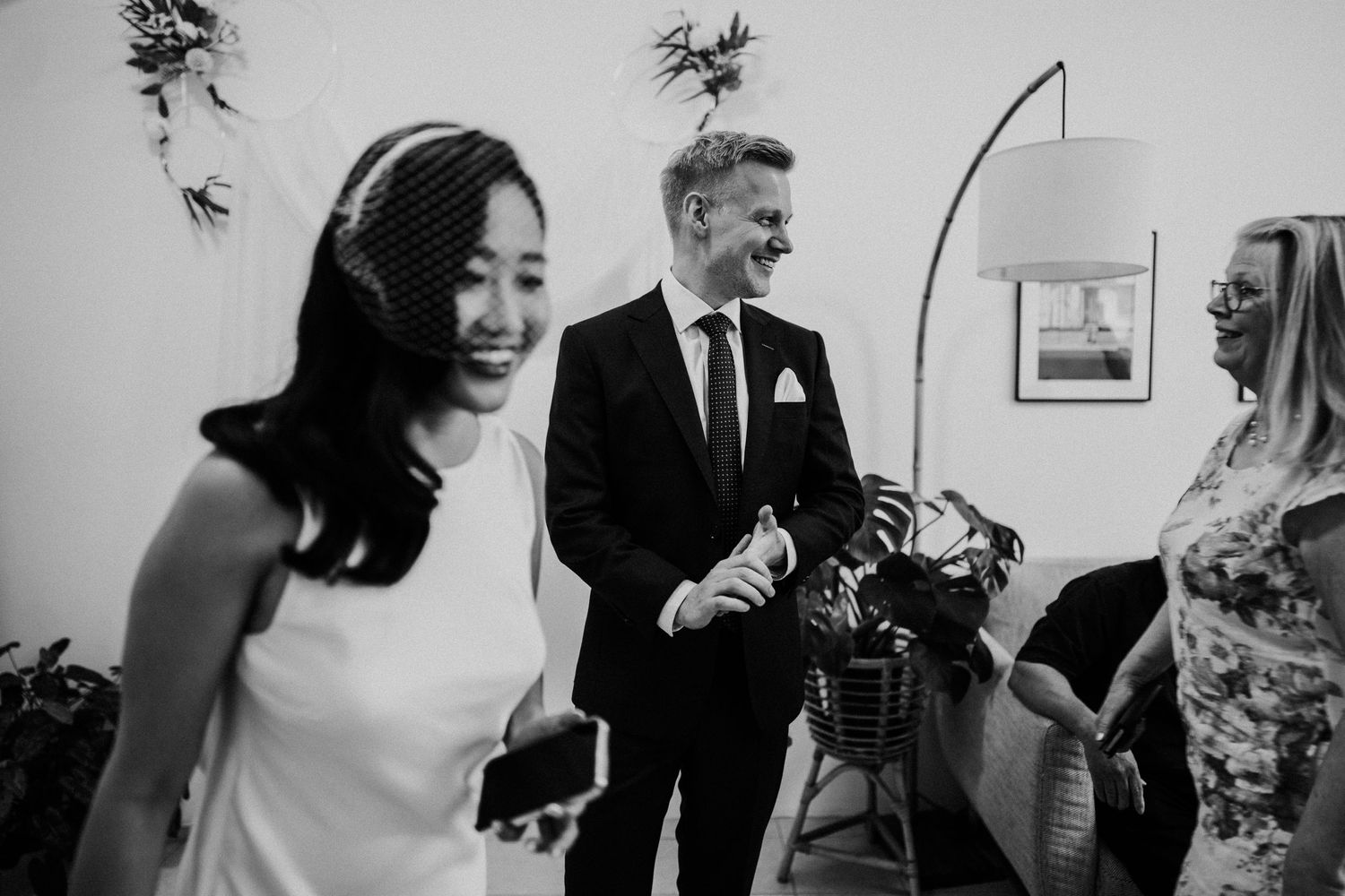 Black and white wedding celebration candid moments.