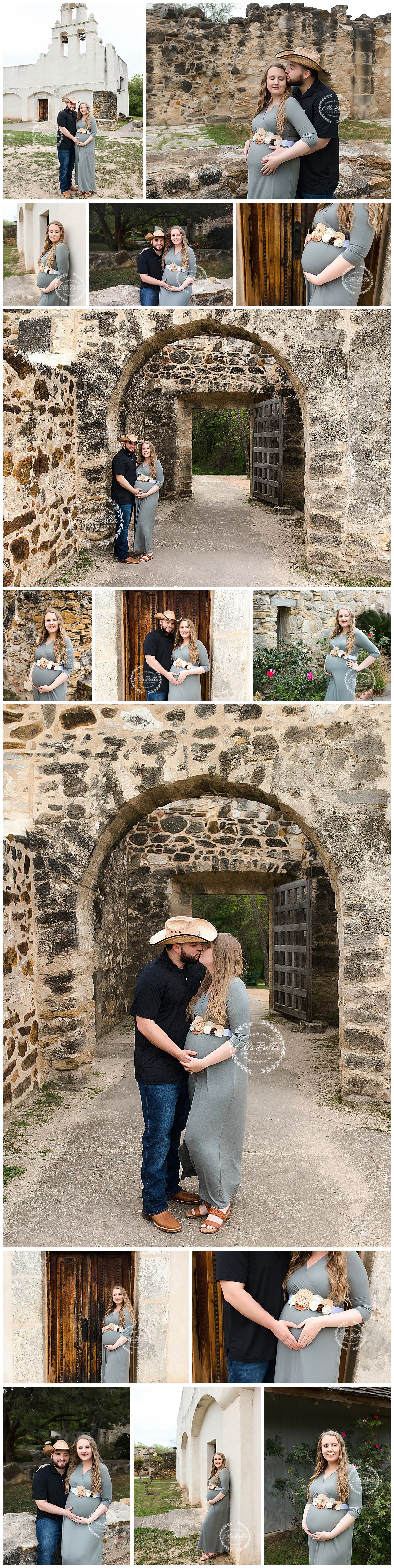 Romantic maternity session at historic mission ruins with multiple poses and architectural details.