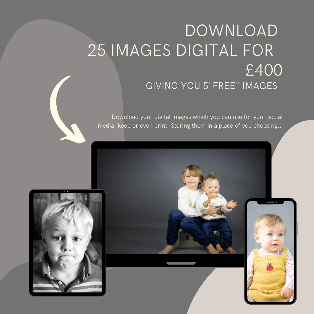 grey background with 3 images a boy with cheeky face, sibling photoshoot and a girl in a yellow dress