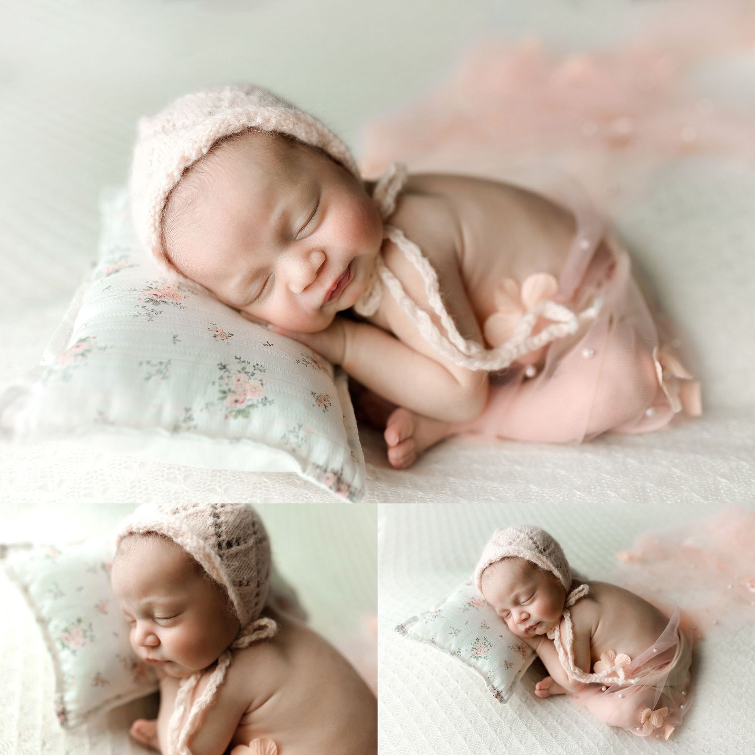 A collage of a pretty in pink newborn girl. Greenville SC newborn photographer, Easley, SC newborn photographer, Upstate SC newborn