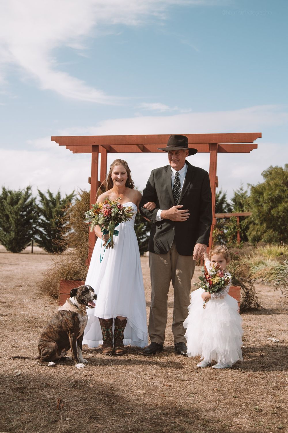 Wedding party stands under wooden arch with dog and flowers in outdoor rustic ceremony.