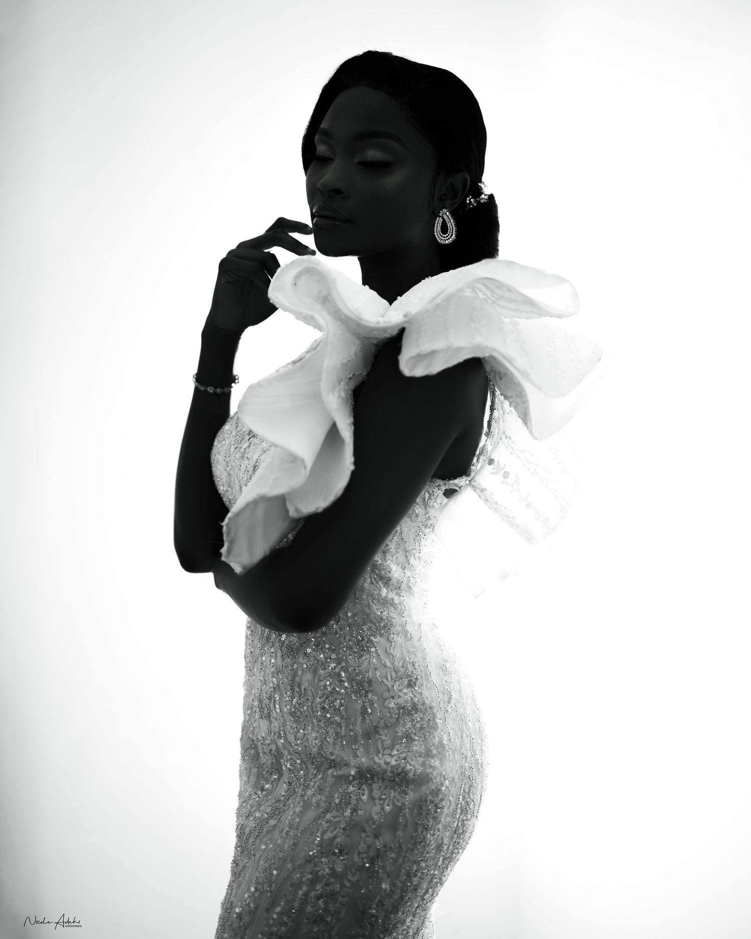 Fine art bridal portrait in black and white captured with soft natural light Nigerian white wedding ceremony photography, VALEO Photography