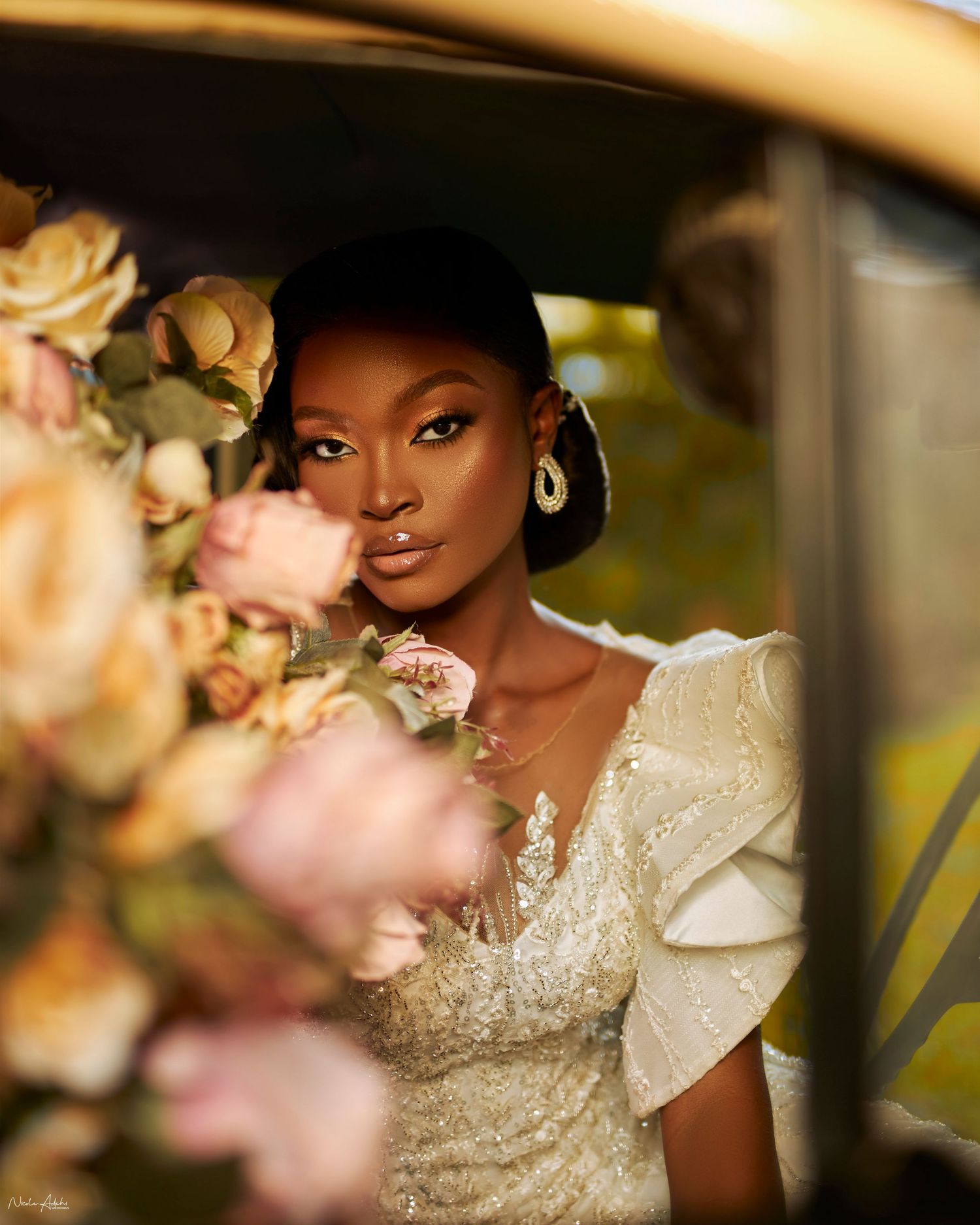 Stylized wedding shoot in Hamilton with minimalist backdrop and fashion-forward posing"