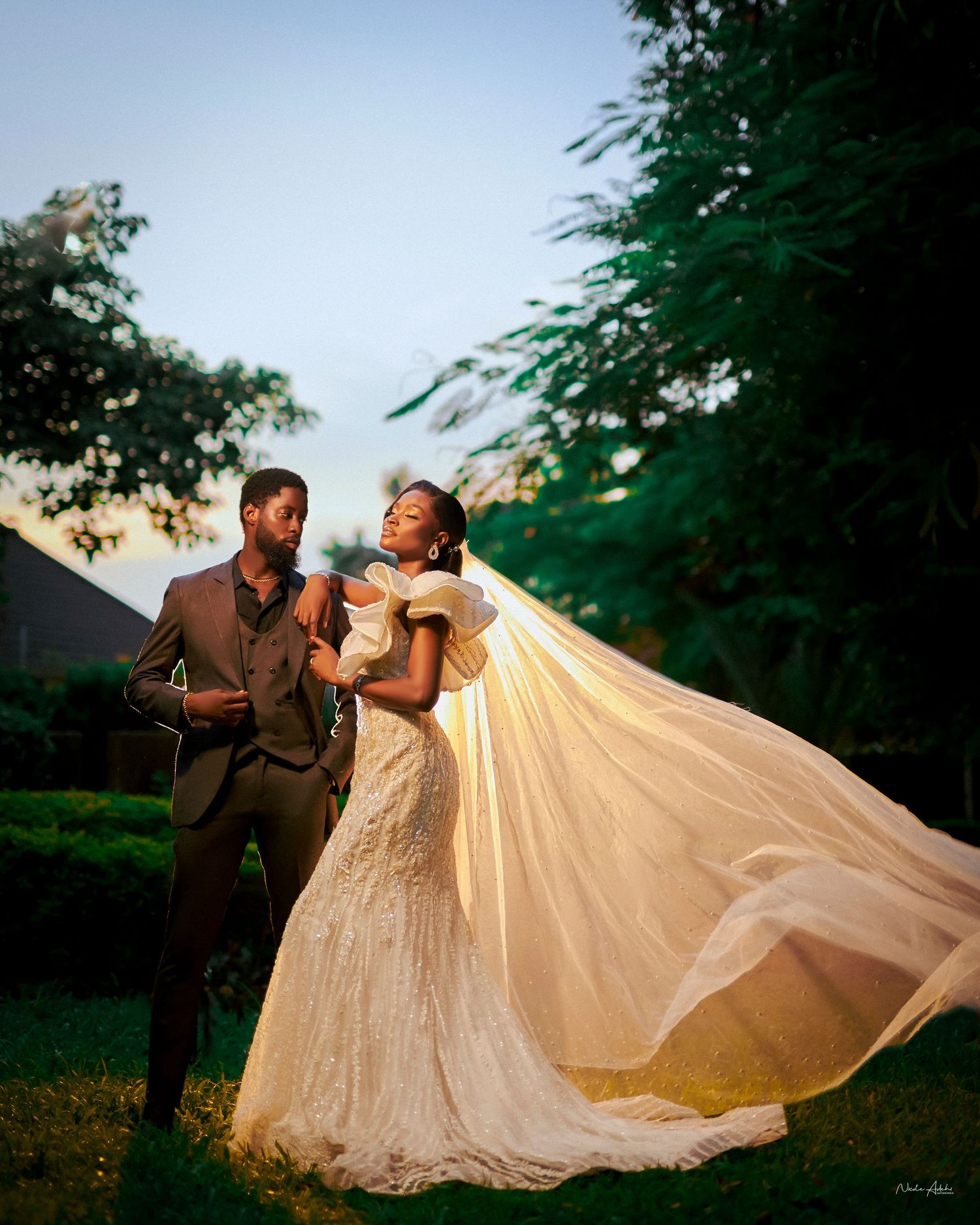 Bridal portrait with cathedral veil flowing in wind, shot at golden hour in Ottawa