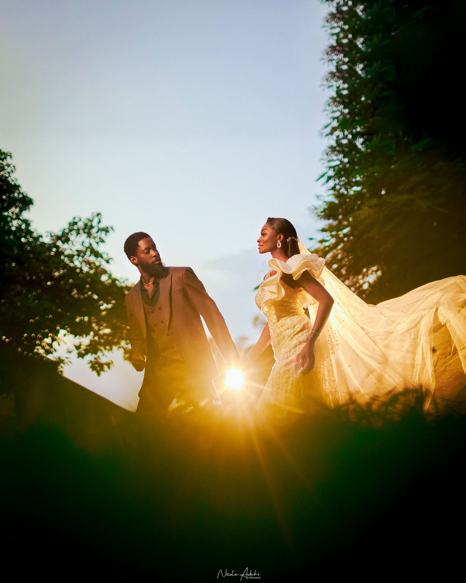 Bridal portrait with cathedral veil flowing in wind, shot at golden hour in Ottawa