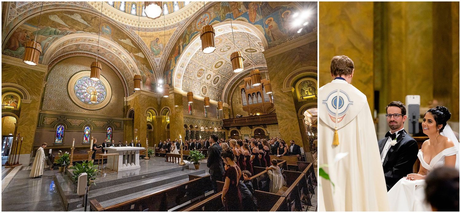 Cathedral wedding ceremony in progress under magnificent gilded architectural details.