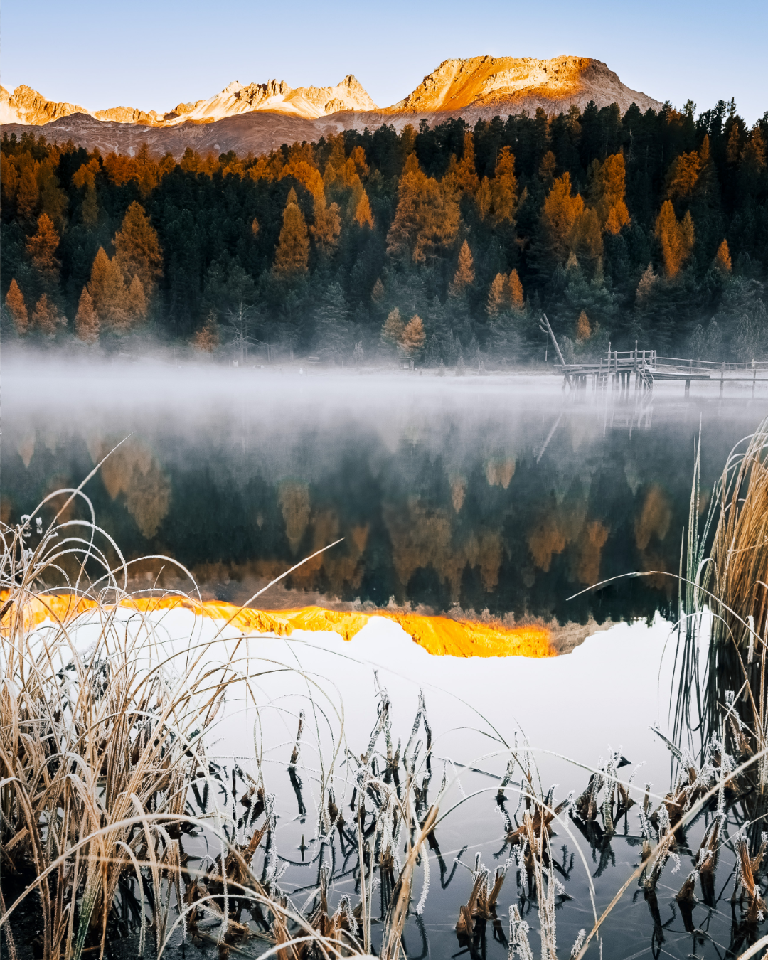 Misty mountain lake at sunrise with golden autumn trees reflected in calm waters and snowy peaks in background.