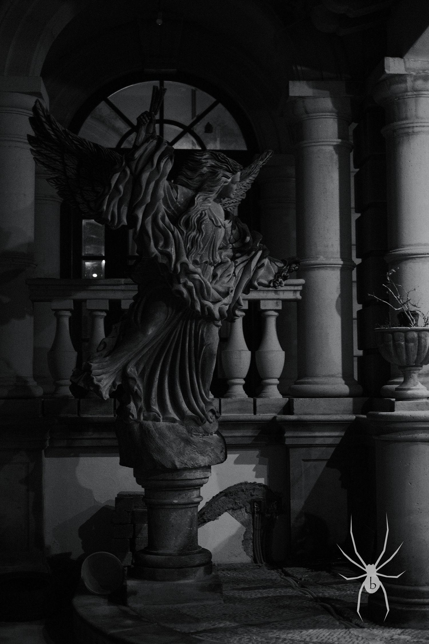 Dark atmospheric statue of an angel with wings in a gothic archway with dramatic lighting and a spider silhouette.