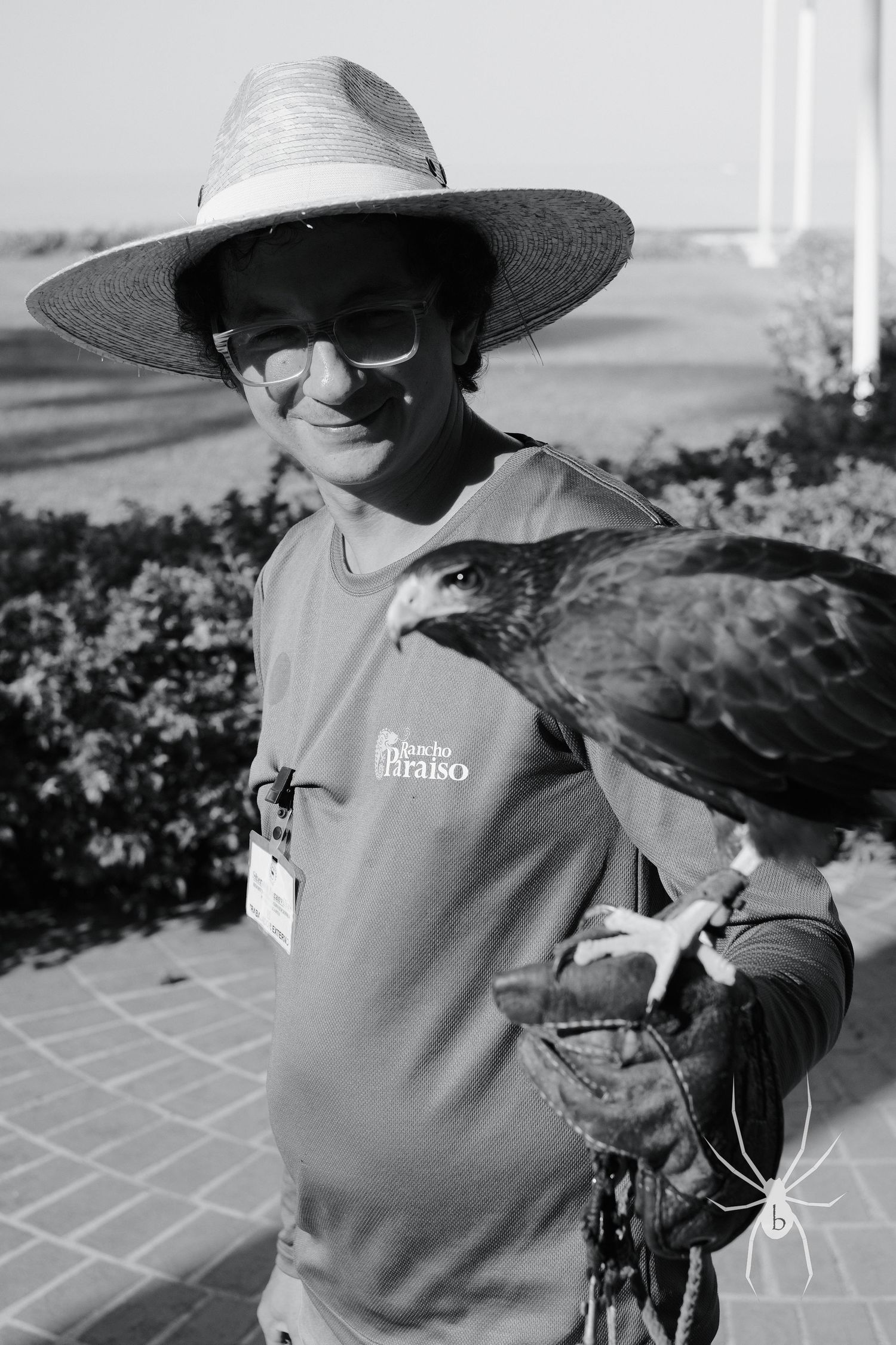 Falconer in hat and sunglasses holds trained bird of prey outdoors.