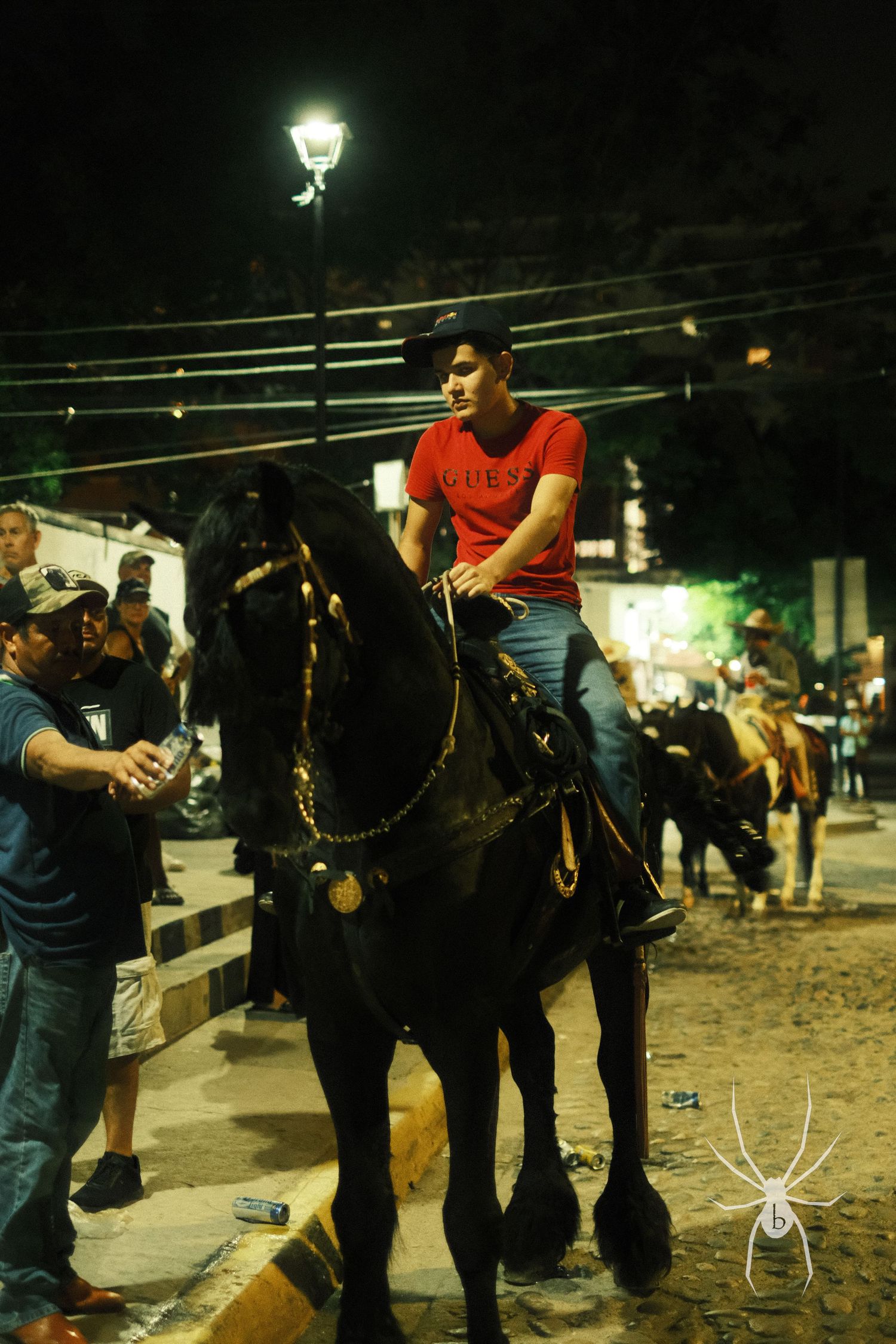 Night scene of person riding a dark horse under street lighting.