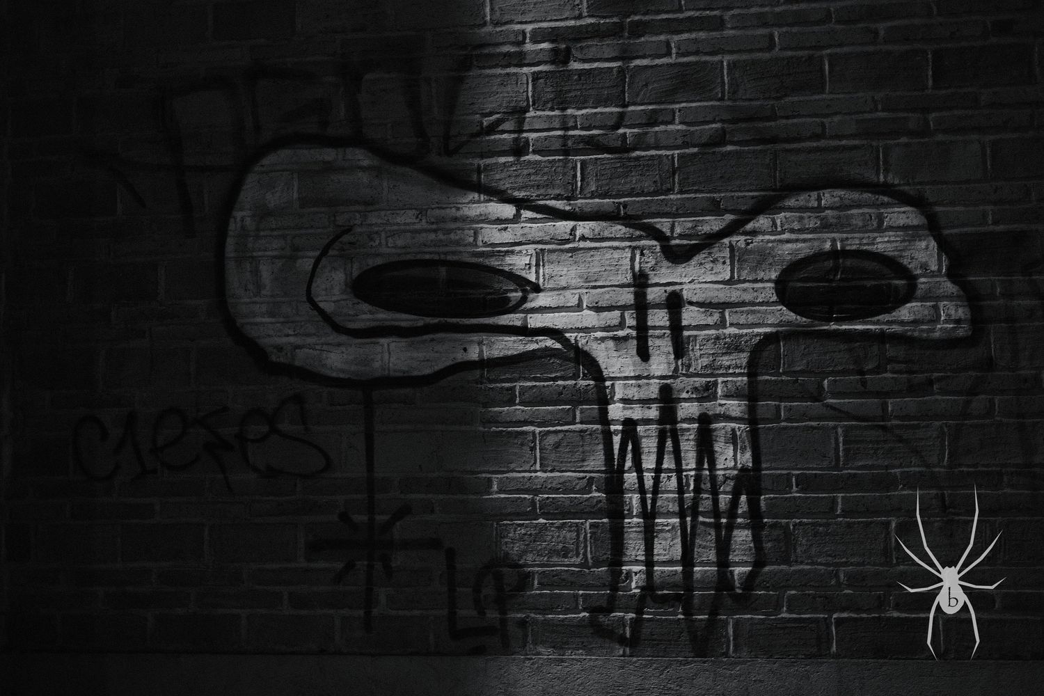 Dark graffiti skull design on brick wall with spider decoration.