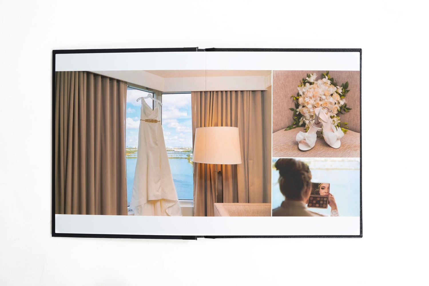 Wedding photo album spread showing hotel room details and floral arrangements.