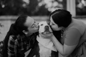 Black and white photo of couple kissing their pit bull.