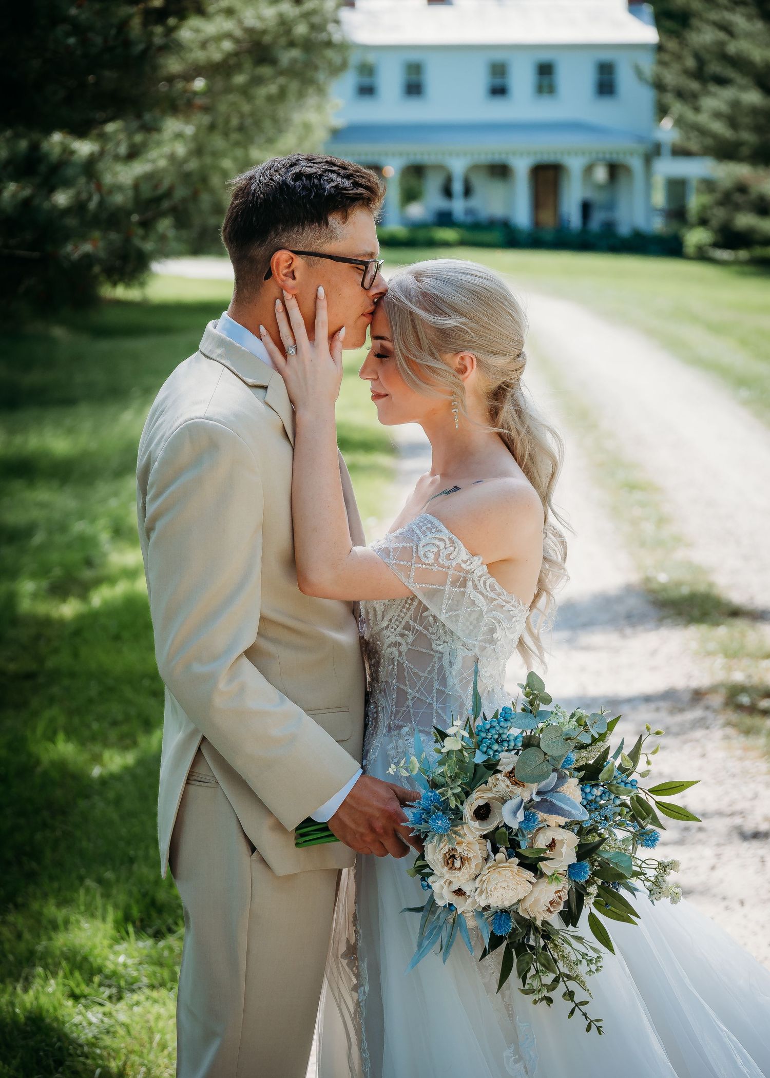 Bride and groom sharing an embrace for wedding photoshoot