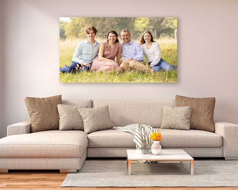 A modern living room featuring a sectional sofa with canvas art displayed above.