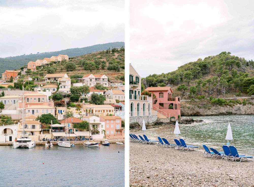 Split image of hillside Mediterranean houses and beach chairs along a rocky coastline.
