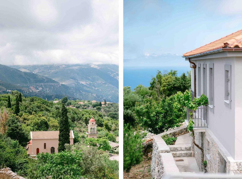 Mediterranean villa views with mountains and coastline in scenic European landscape setting.