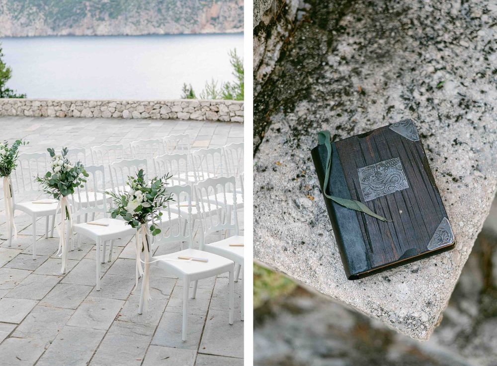 White ceremony chairs and guest book setup for an outdoor Mediterranean wedding.