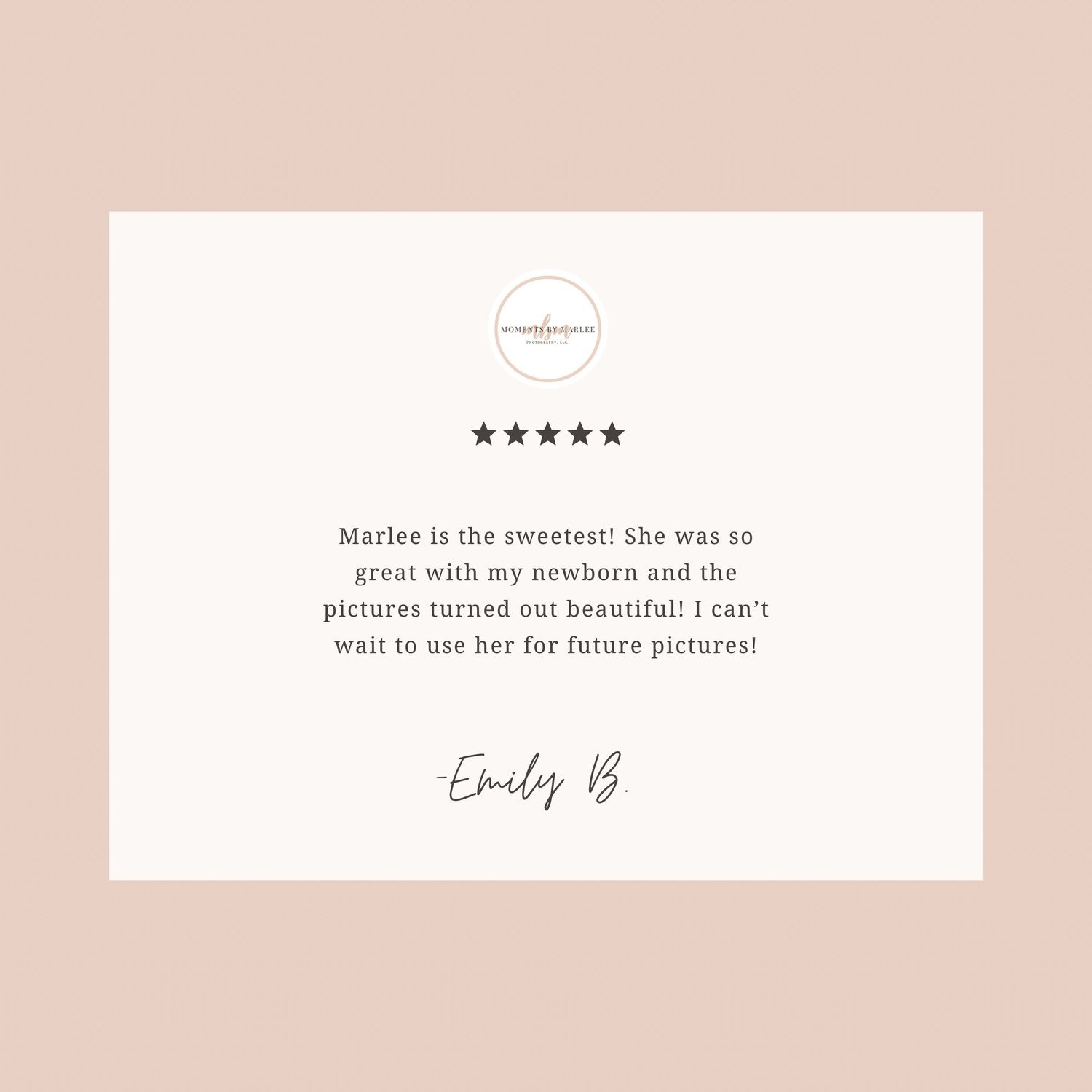 Five star review feedback card with client testimonial on pale pink background.